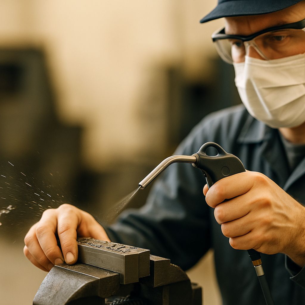 
保護メガネをかけてエアブロー