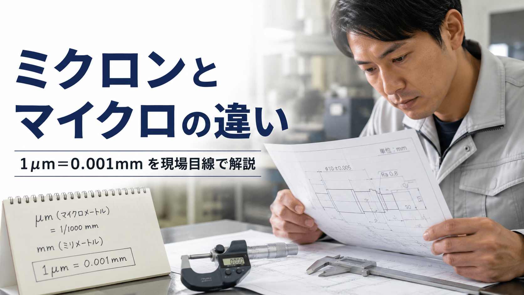 ミクロンとマイクロの違いを図面と測定器で解説する製造現場のイメージ