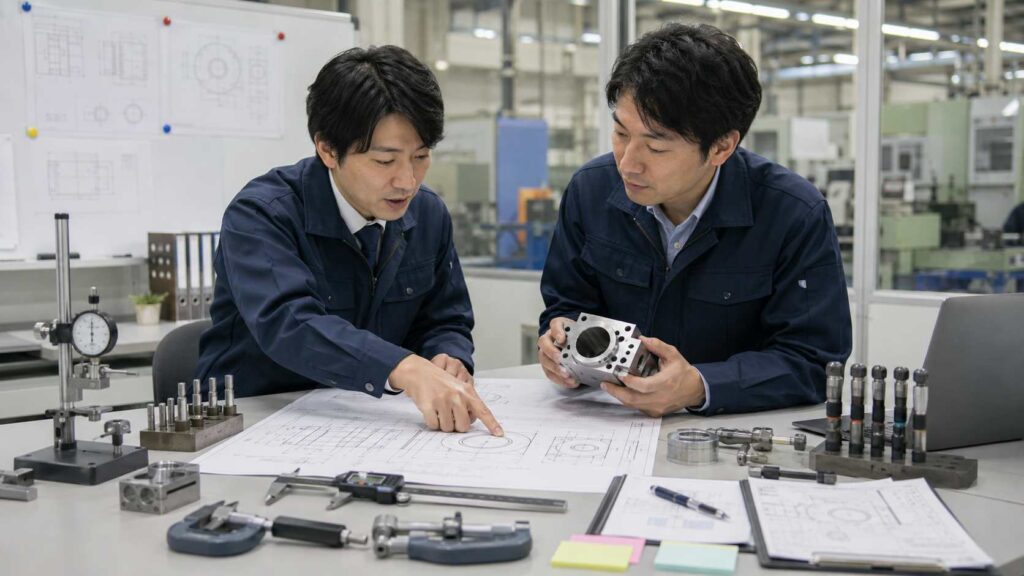 図面と加工部品を確認し普通公差の判断を行う技術者の打ち合わせ