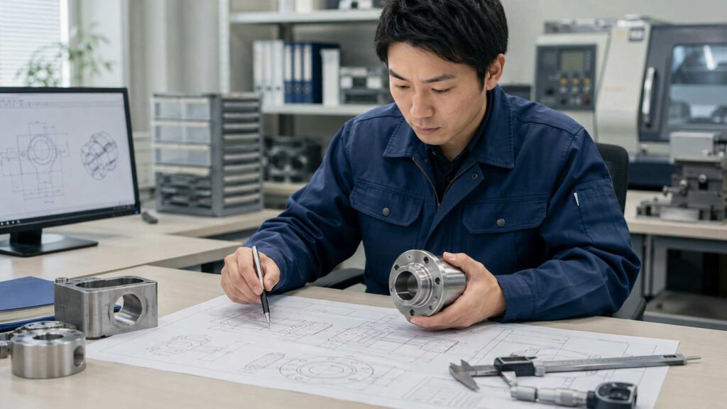 普通公差の図面指示を確認する日本人エンジニアと金属加工部品