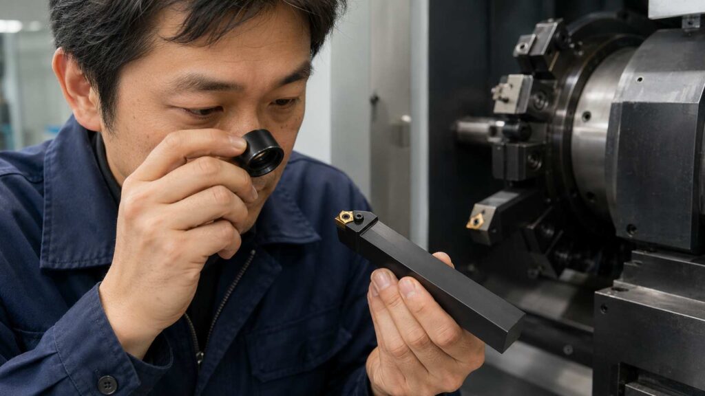 作業者がルーペで旋盤用バイトのチップ欠けを確認している様子