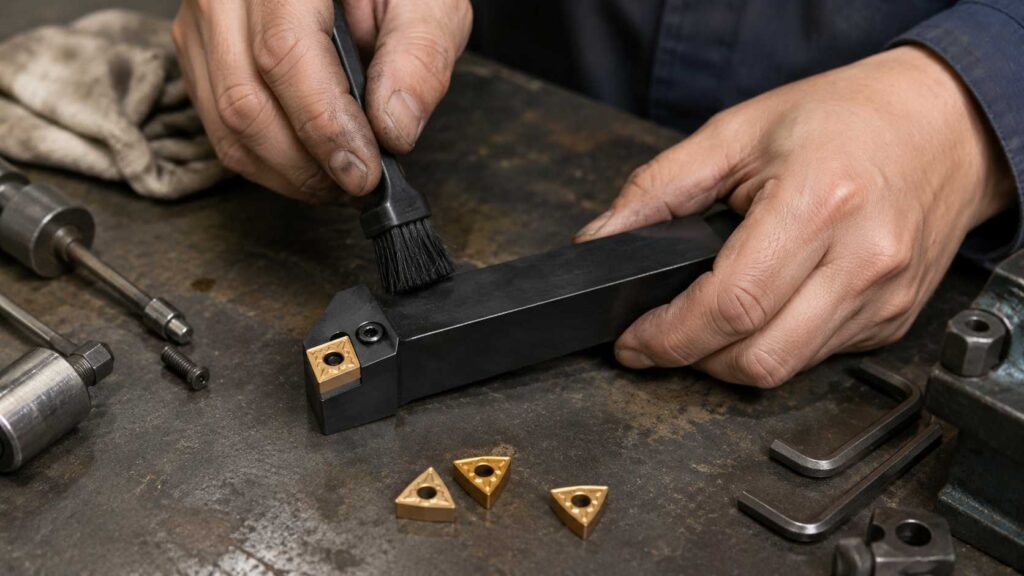 旋盤用バイトのチップ座面を清掃して取付け不良を点検する作業
