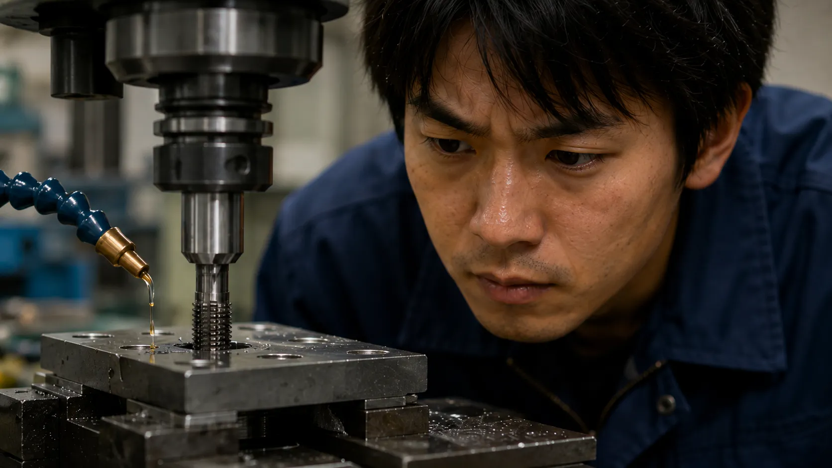 日本人作業者がタップ加工中の工具状態と潤滑を確認している様子。タップ折れの原因を現場で点検する場面