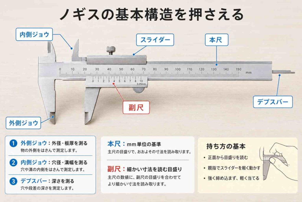 ノギスの本尺・副尺・外側ジョウ・内側ジョウ・デプスバーなど基本構造を示した解説画像