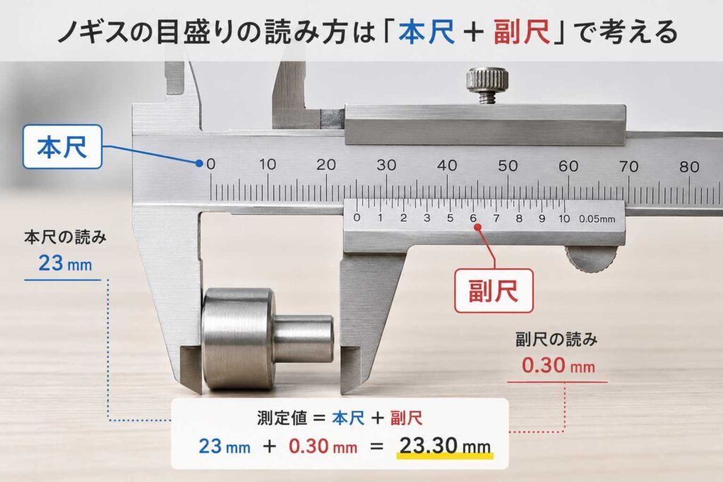 ノギスの本尺25mmと副尺0.10mmを足して25.10mmと読む方法を示した解説画像