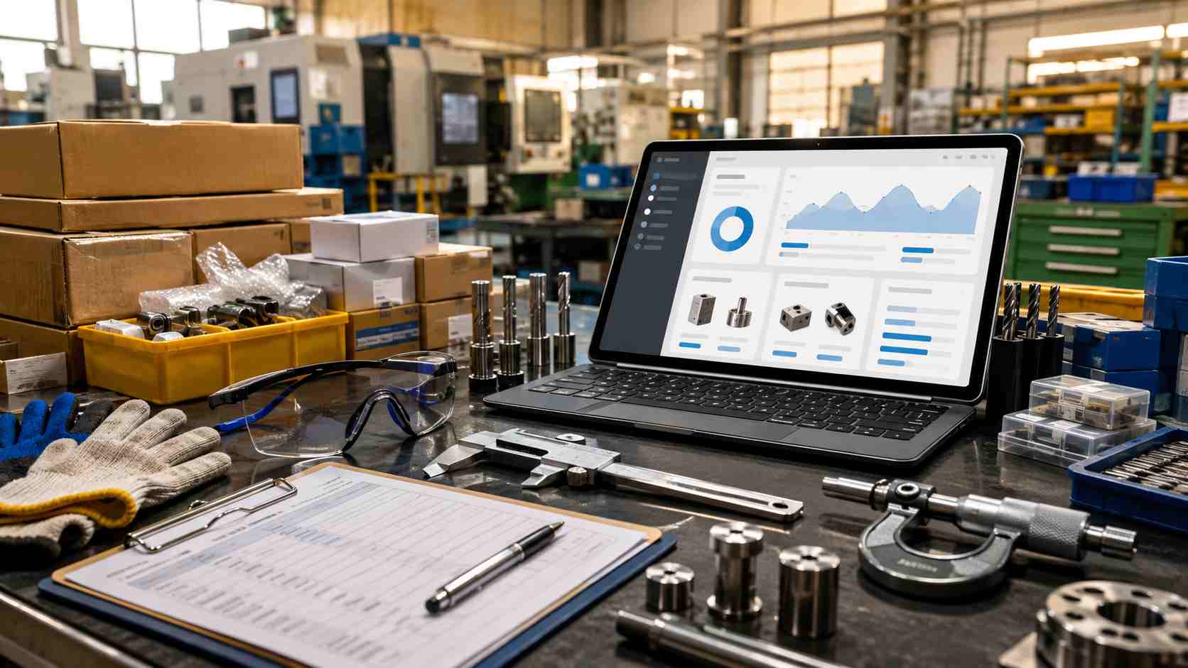 工場の作業台に測定工具や作業用品、梱包資材とノートPCを配置し、製造業の購買管理とAmazonビジネス活用をイメージしたアイキャッチ画像