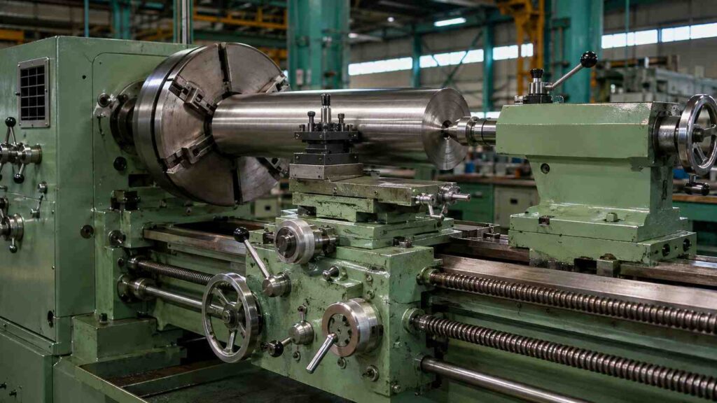 円筒状の金属ワークを保持した汎用旋盤の工作機械