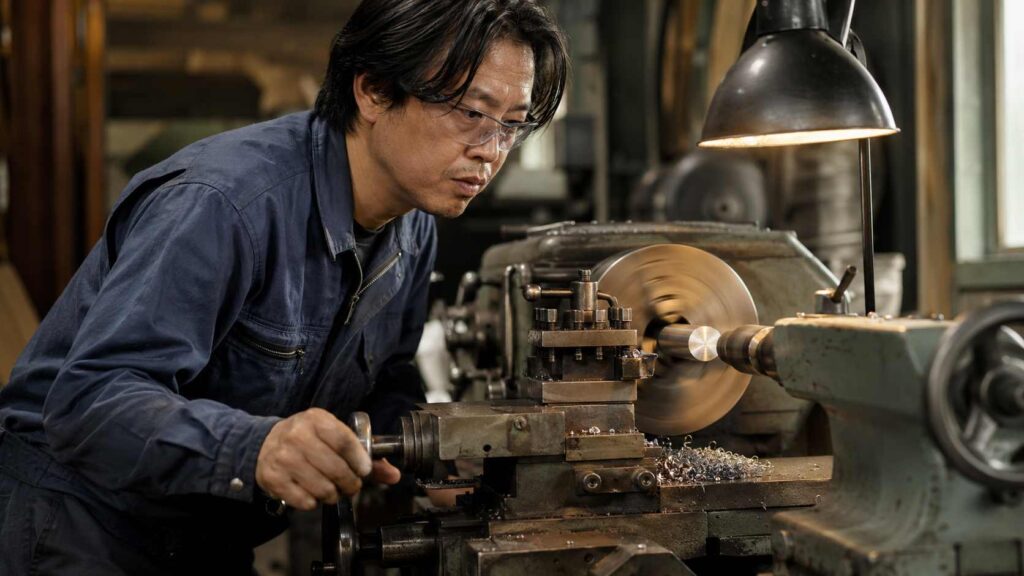 日本人作業者が汎用旋盤で手動操作を行いながら加工している実写風イメージ
