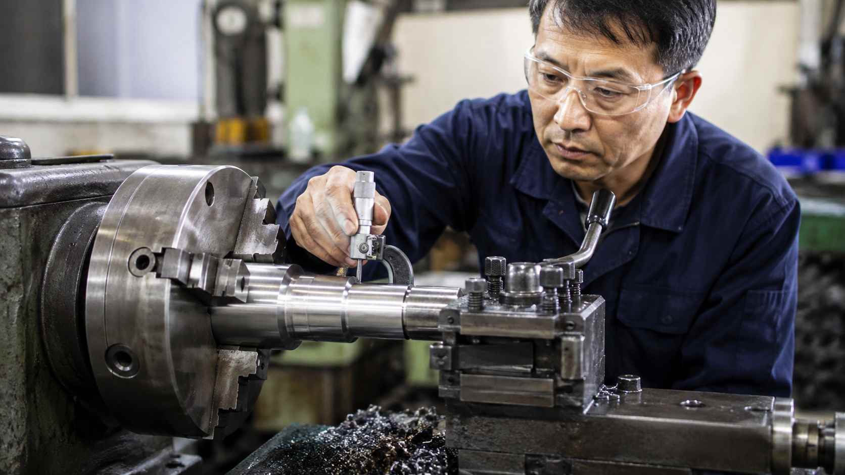汎用旋盤で鋼製シャフトを加工する日本人技能者と旋盤加工の様子