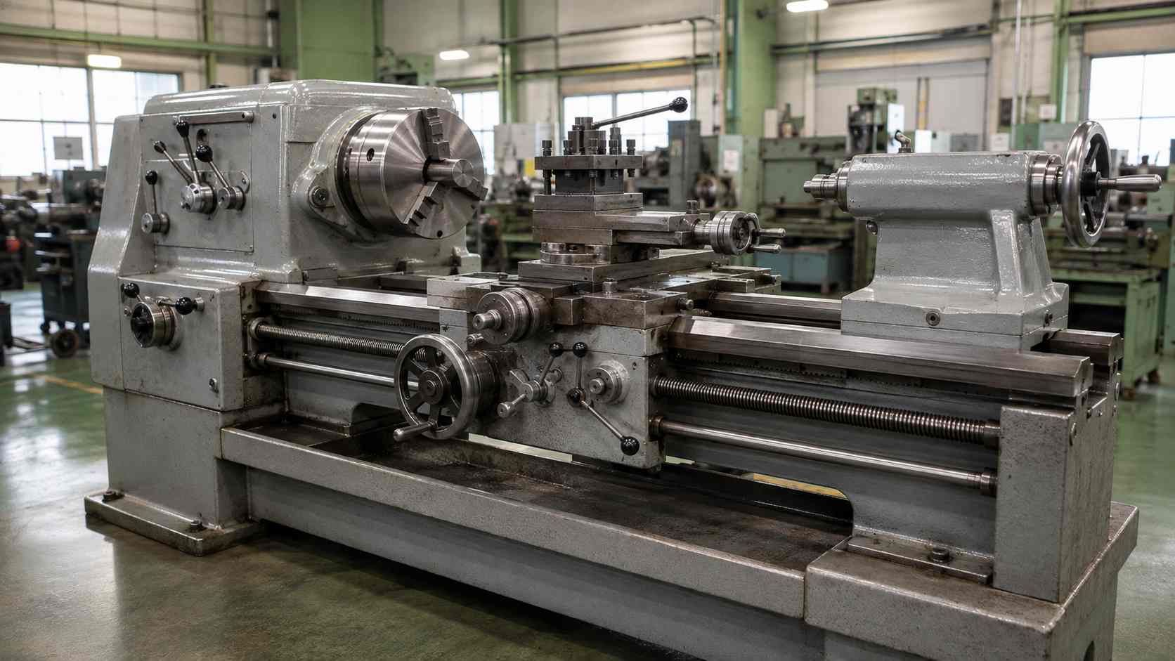 汎用旋盤の主軸台、チャック、往復台、刃物台、ベッド、心押し台など各部の構造が分かる全体写真