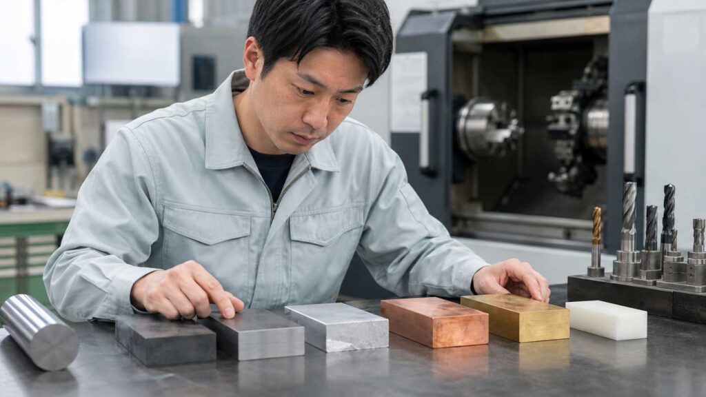 日本人の機械加工技術者が鉄鋼・アルミ・銅・樹脂などの材料を比較している様子
