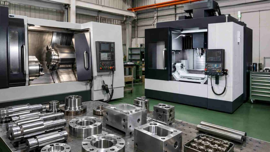 NC旋盤とマシニングセンタが並ぶ工作機械の精密加工工場