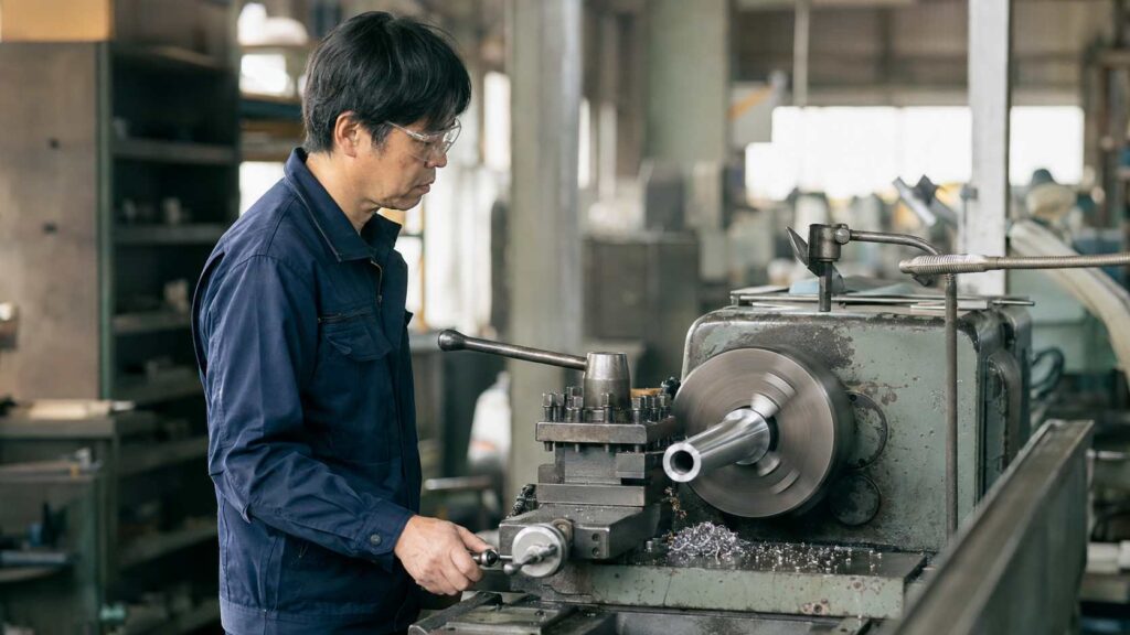 日本人作業者が汎用旋盤を操作して金属を加工する様子