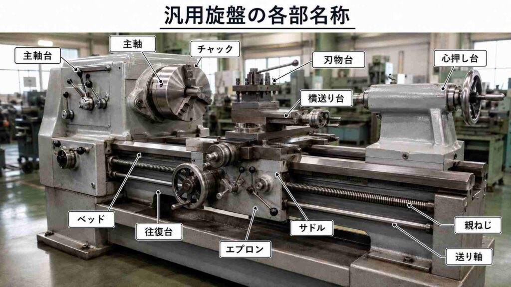 汎用旋盤の主軸台、主軸、チャック、ベッド、往復台、サドル、エプロン、横送り台、刃物台、心押し台、親ねじ、送り軸の各部名称を示した図