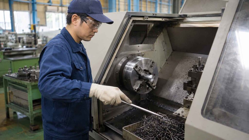 日本の金属加工現場で回転体や切粉に注意しながら安全に作業する様子を表した実写風イメージ
