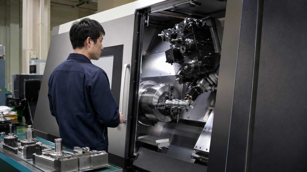 回転工具を備えた高機能な複合加工機で複雑部品を加工する日本の製造現場イメージ