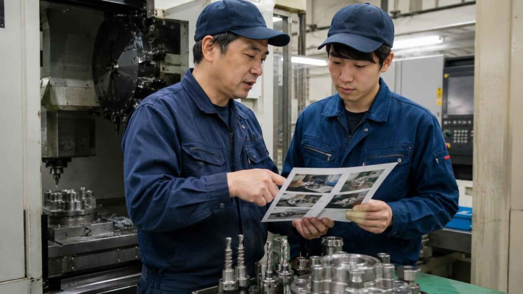製造現場で写真付き作業手順書を見ながら新人へ作業方法を説明する日本人作業者
