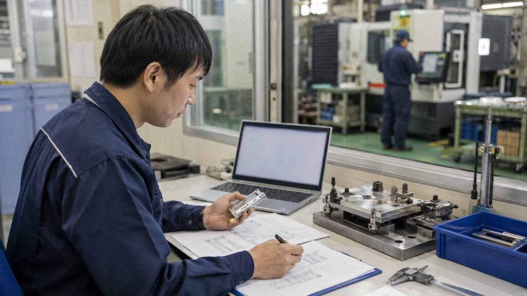 製造現場を確認しながら加工部品と作業手順書を見直す日本人技術者