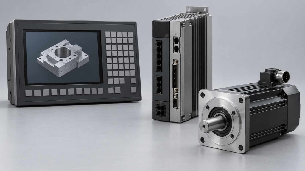 CNC操作パネル、サーボアンプ、サーボモータを並べた構成部品のイメージ