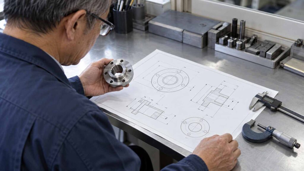 機械加工図面と実際の加工部品を見比べながら図面記号を確認する作業者