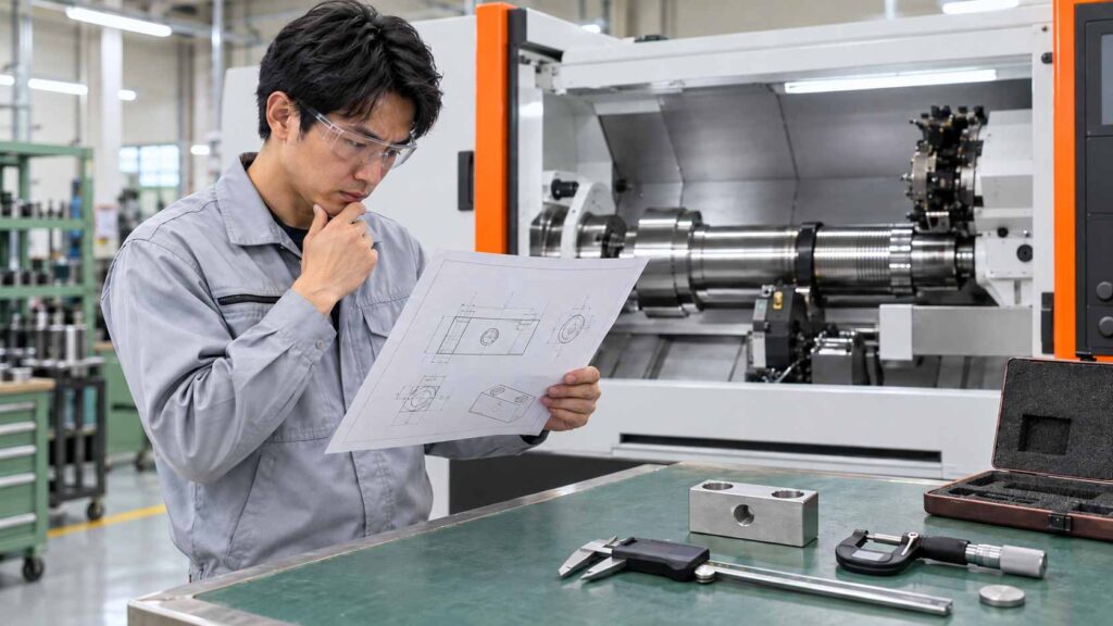 NC旋盤の前で機械図面と加工部品を確認する日本人作業者