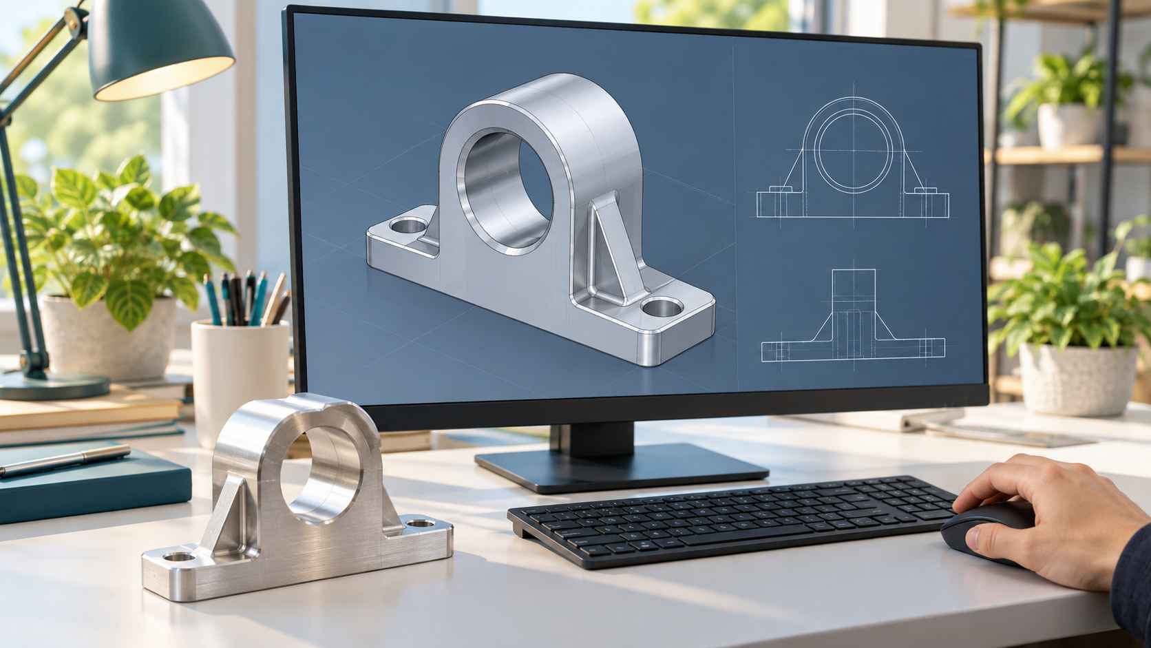 機械部品の3Dモデルと図面を表示したCAD画面と、机上に置かれた金属製の部品