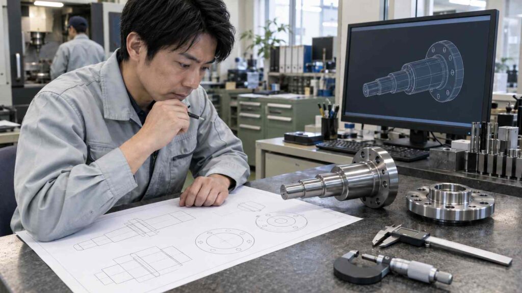 機械図面と3Dモデル、精密加工部品を確認する日本人技術者