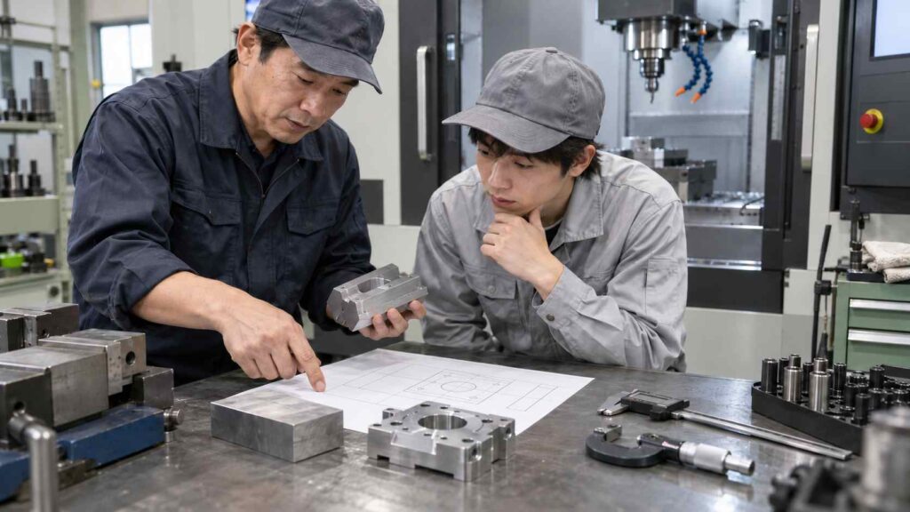 機械図面と加工部品を見ながら作業内容を確認する日本人の熟練者と若手作業者