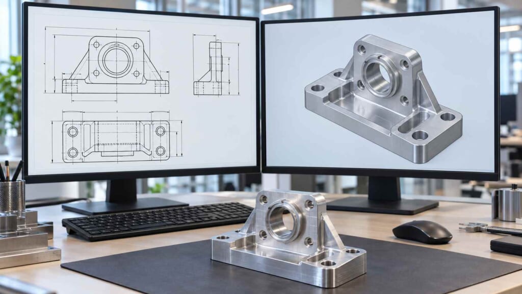 同じ機械部品を2D図面と3Dモデルで表現したCAD画面