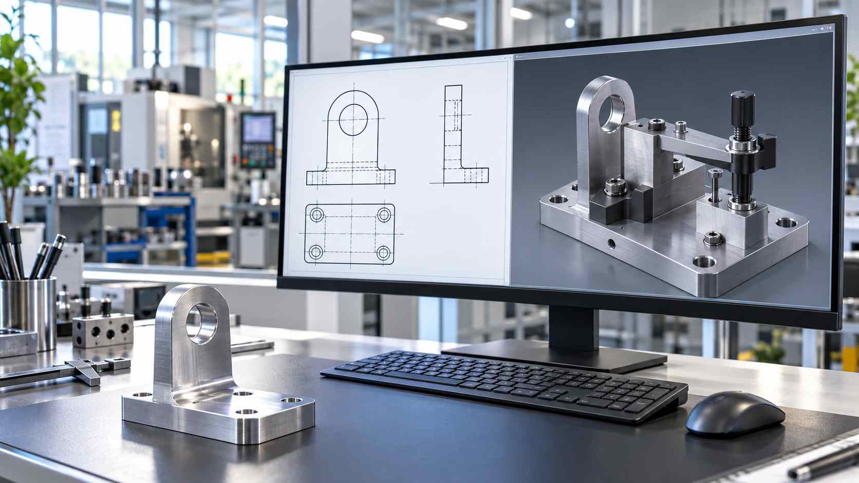 2D CAD図面と3D CADモデルを並べて表示した機械設計と精密加工のイメージ