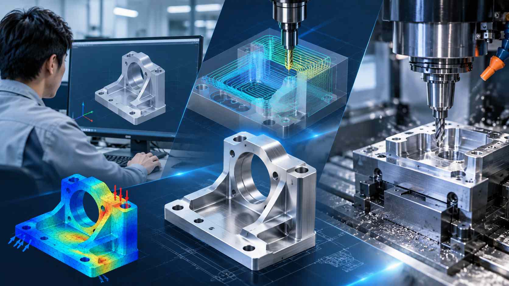 CAD設計、CAM工具経路、CAE解析、CNC加工までの製造工程を表現したイメージ