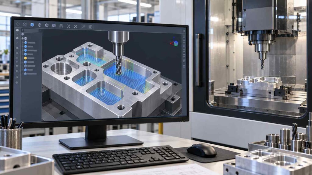3Dモデル上のCAM工具経路と立形マシニングセンタを確認する加工工程