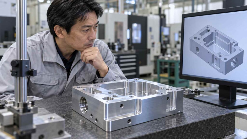 支給された3D CADデータと実際の切削加工部品を照合する日本人技術者