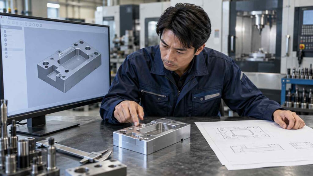 日本人エンジニアがCADモデルと機械図面と加工部品を照合している様子
