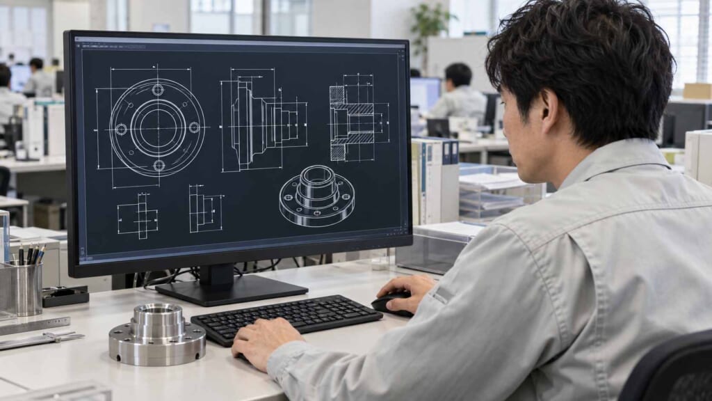 製造業の設計現場で機械部品の2D CAD図面を作成している様子