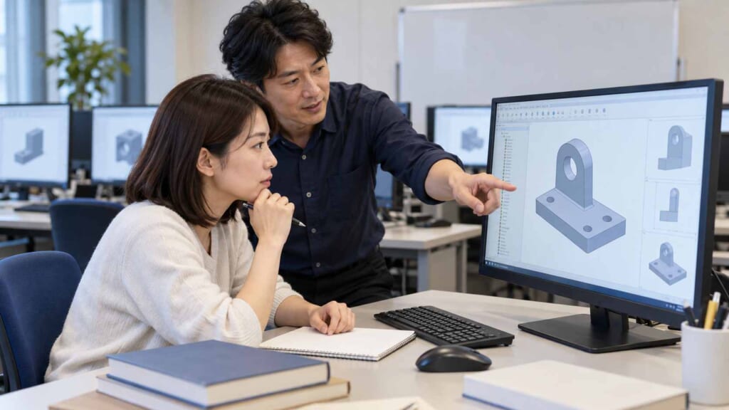 日本人学習者がCAD画面を見ながら講師からアドバイスを受けている横長イメージ