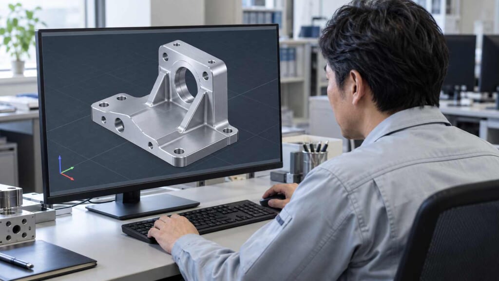 3D CADで機械部品の形状を設計する日本人エンジニア