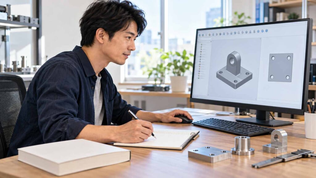 日本人の製造業技術者がデスクでCADを独学している様子を表した横長イメージ