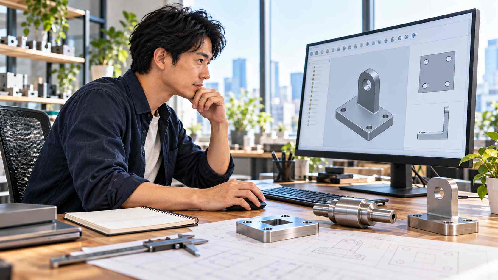 CAD画面に表示された機械部品の3Dモデルを確認しながら、独学でCADの操作を学ぶ日本人男性技術者