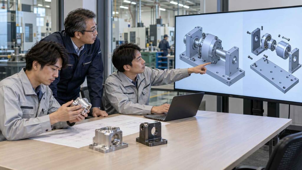実際のCADデータと機械部品を使ってCADソフト導入を検討する日本人技術者