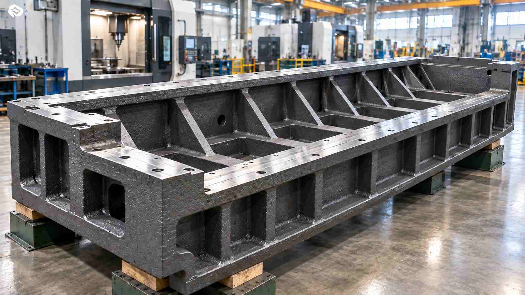 大型工作機械に使用される鋳鉄製ベッドの構造。中空の箱形構造と内部の補強リブ、精密加工された取付面が確認できる。