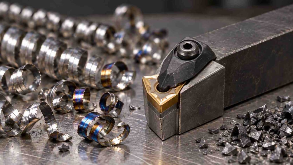 旋削用超硬インサートと形状の異なる金属切粉を確認する加工現場