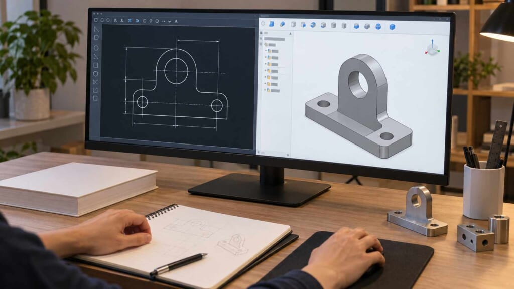 無料で始められる2D CADと3D CADの学習イメージを表した横長ビジュアル