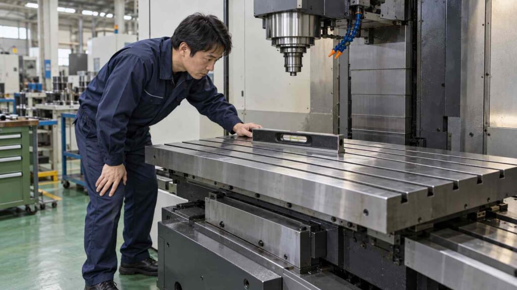 日本人技術者が立形マシニングセンタのテーブルに精密水準器を設置し、工作機械の据付後の水平状態を確認している様子。