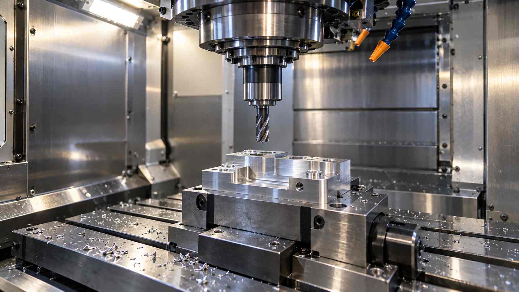 立形マシニングセンタの主軸とエンドミル、バイスに固定された精密加工部品。機械加工技能士に求められる切削加工技術を表現