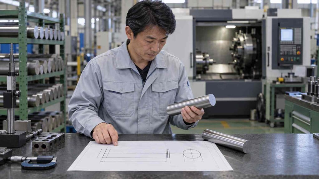 加工前に図面と金属材料を照合して材質を確認する日本人技術者