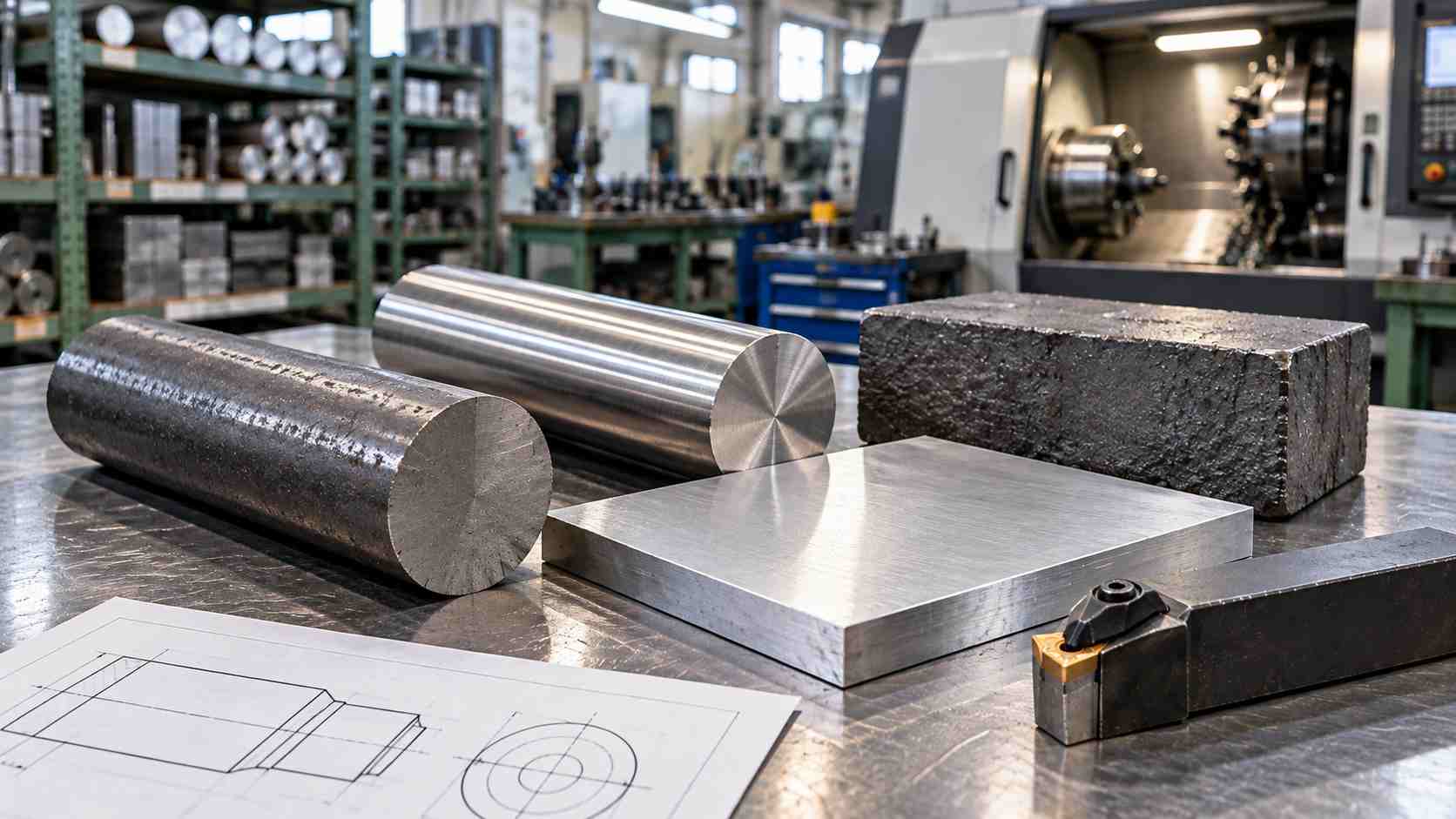 炭素鋼やステンレス、アルミ、鋳物などの金属材料と旋削工具を並べた精密加工工場