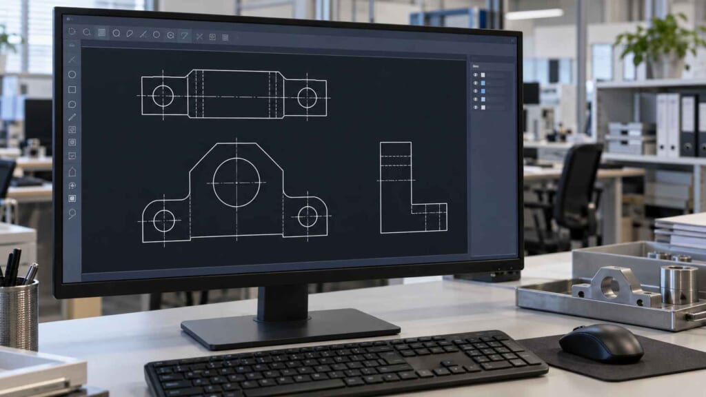 機械部品の正面図・平面図・側面図を2D CADで作成している画面