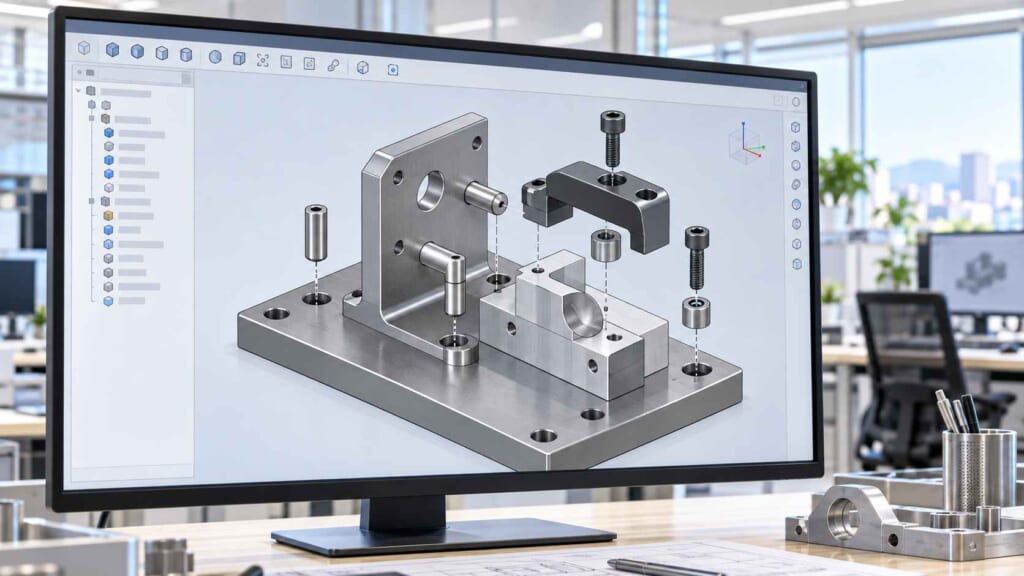 機械用治具の複数部品を3D CADで立体的に確認している画面