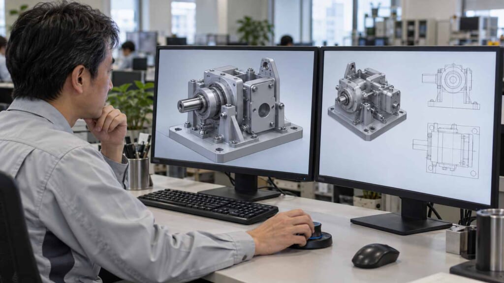 機械部品の3D CADモデルを複数画面で比較する日本人機械エンジニア